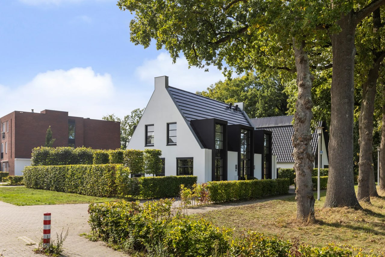 Moderne vrijstaande woning met wit stucwerk, zwart dak en groene omgeving